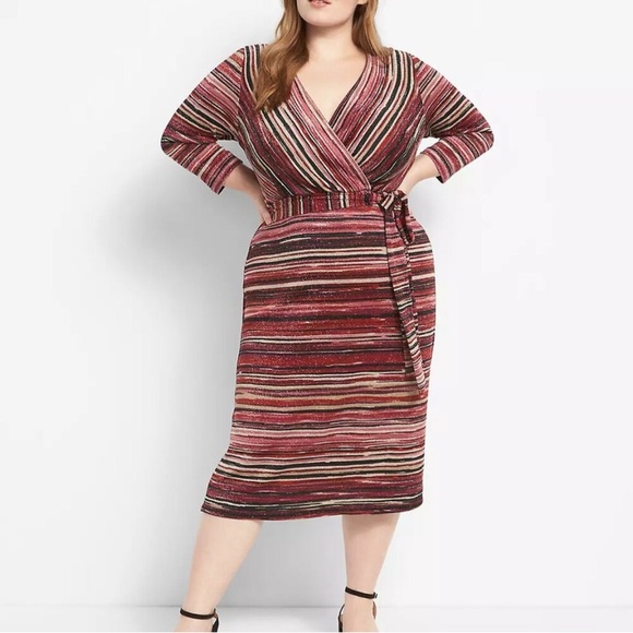 Lane Bryant Dresses & Skirts - Lane Bryant Wrap Striped Wrap Dress Red Black Metallic Like New (no belt) 18/20